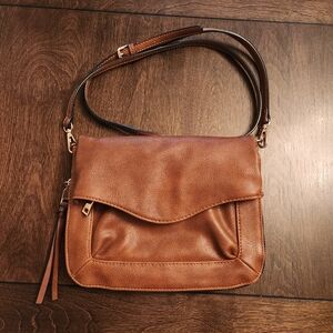 Moda Luxe Ela Foldover Crossbody Handbag Cognac Purse Brown Zip Vegan leather